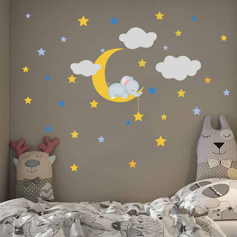 Cartoon Baby Elephant Moon Clouds Stars Children's Room Wall Stickers display picture 3