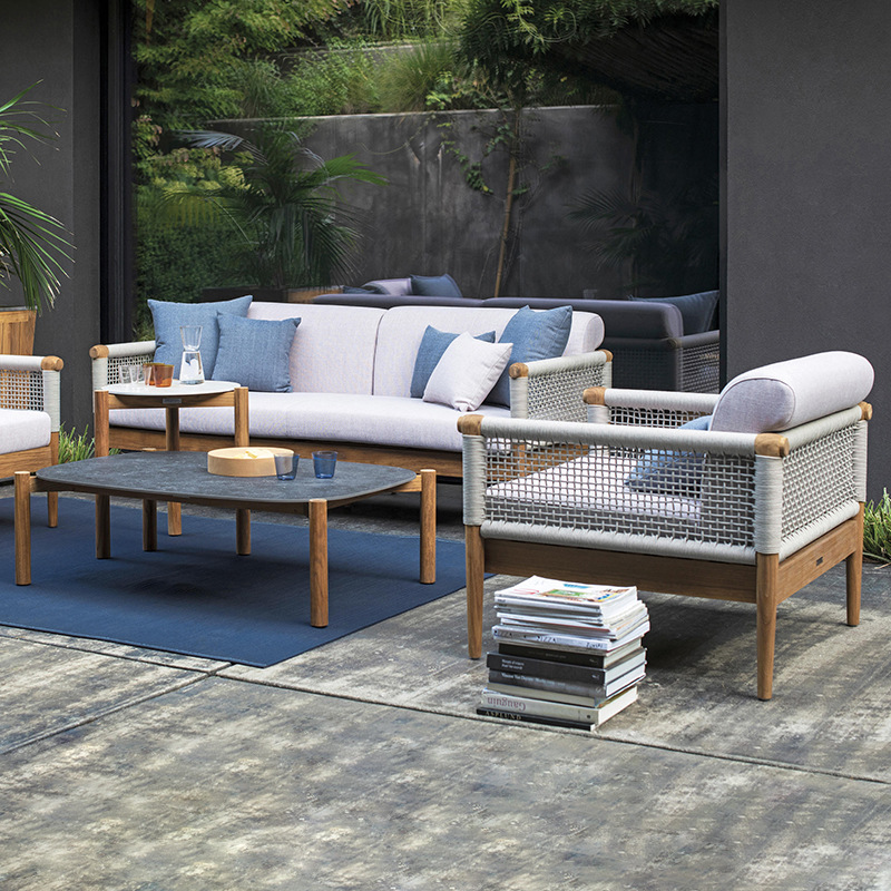 Sofá nórdico al aire libre patio villa impermeable solar jardín exterior minimalista moderno ocio sofá de teca de caña
