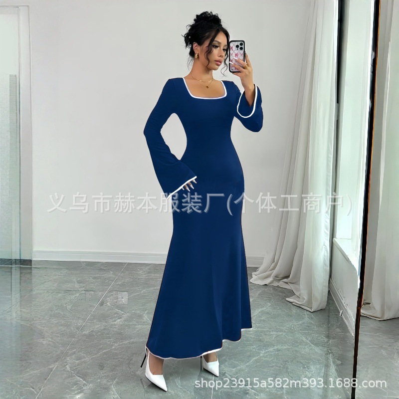 2026年跨境春季新品知性法式拼色描边修身显瘦收腰微喇袖一步连衣