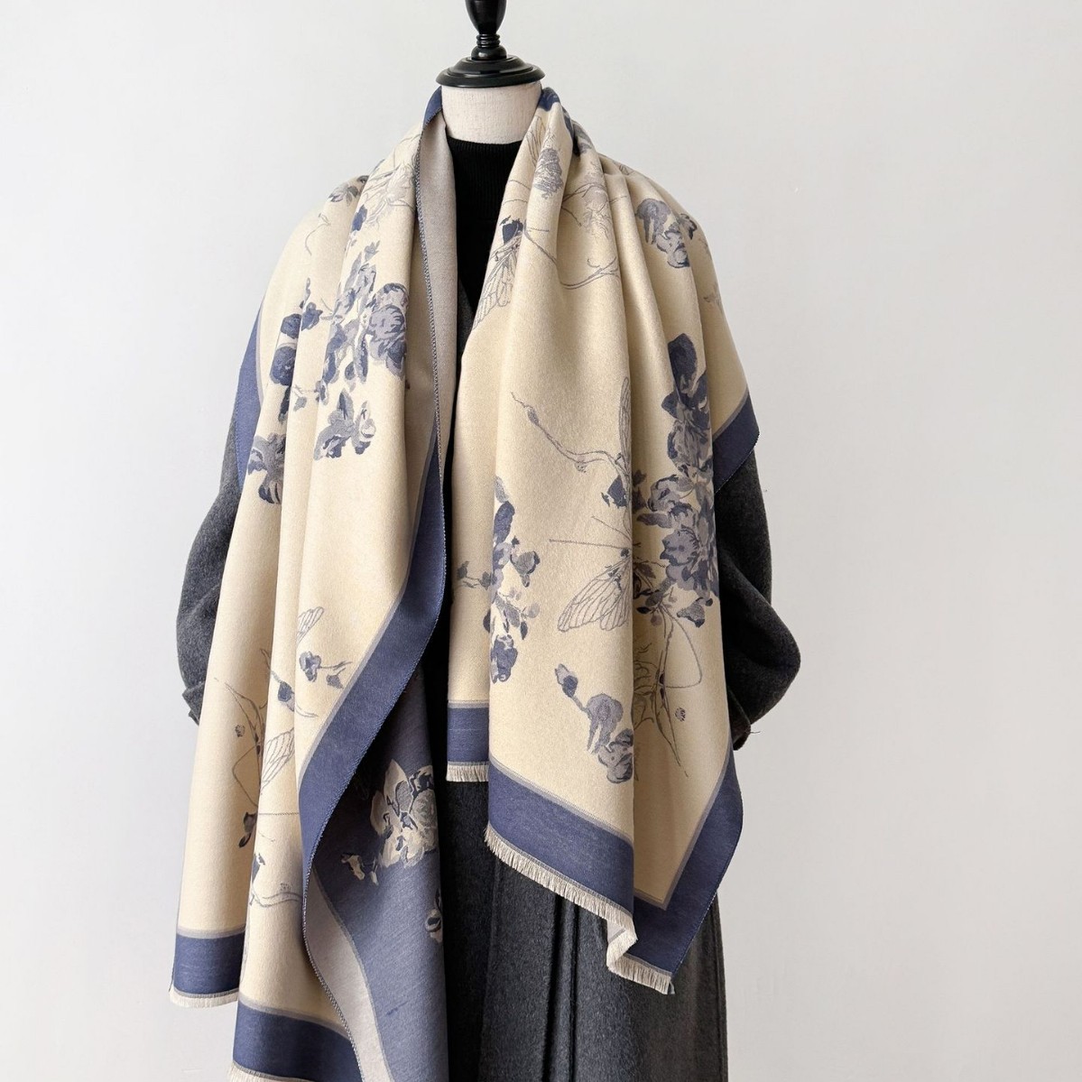 2024 nuevo invierno calentamiento collar moda chal mariposa coreano amor flor imitación de cachemir engrosado bufandas de impresión de doble cara