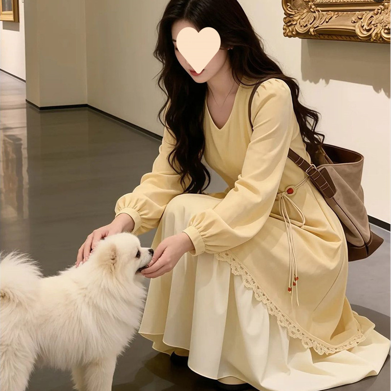 Fake Two-Piece Yellow Collared Long-Sleeve Dress, 2025 Autumn and Winter New Style, Plus-Size Beaded Waist-Cinching Dress