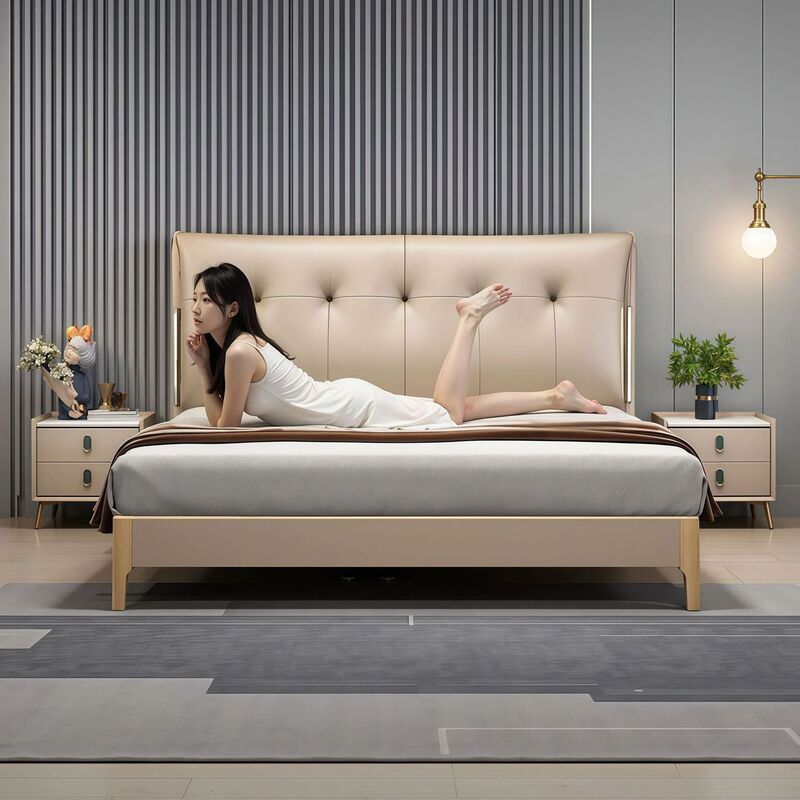 Italian minimalist genuine leather mortise and tenon structure thickened bed with load-bearing capacity 0kg solid wood large bed 1.8m master bedroom double genuine leather bed Italian minimalist genuine leather mortise and tenon structure thickened bed with load-bearing capacity 0kg solid wood large bed 1.8m master bedroom double genuine leather bed