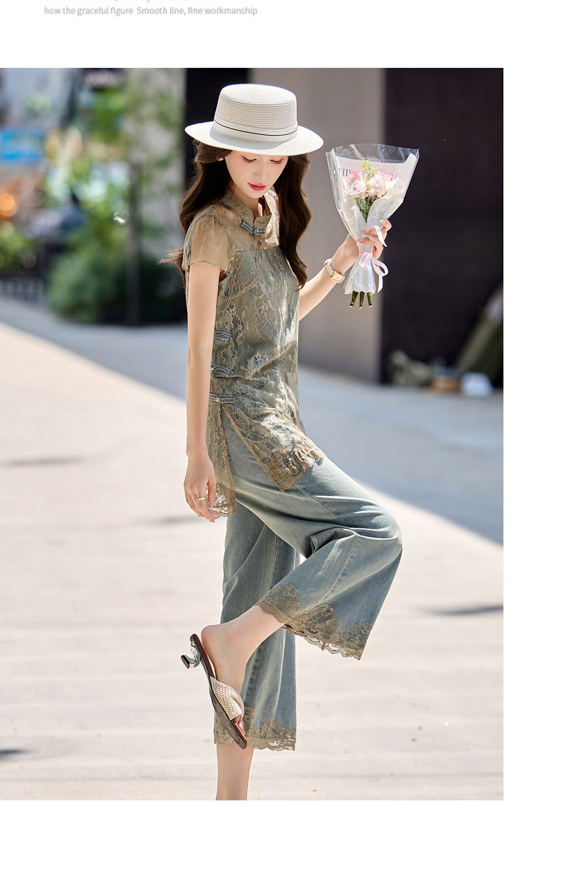 Bộ quần áo hai mảnh gồm áo phối ren và quần jeans ống rộng nữ — Màu ảnh chi tiết 15
