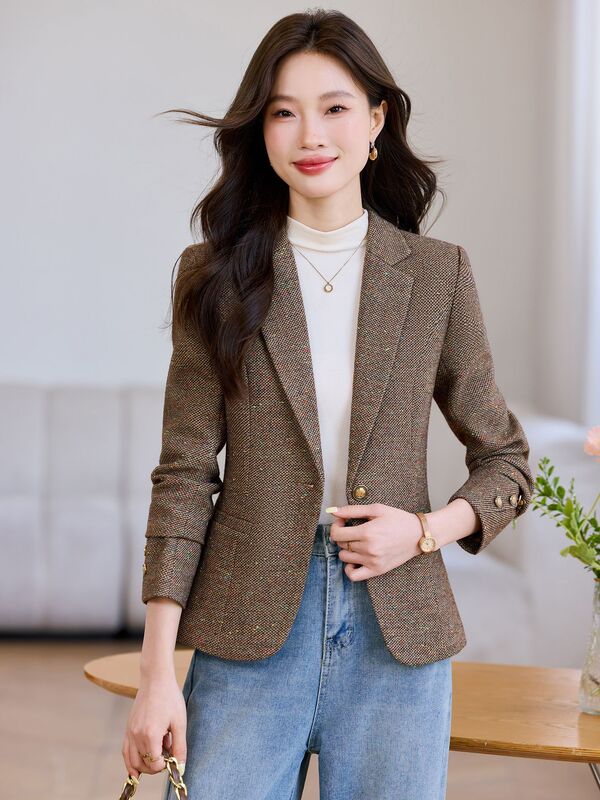 高级感毛呢西装外套女2025新款秋冬复古干练女士气质通勤西服上衣|undefined