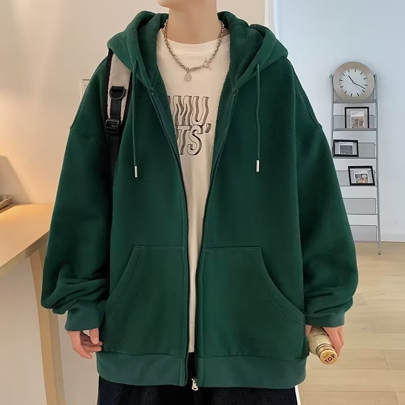 그린 솔리드 컬러 지퍼 가디건