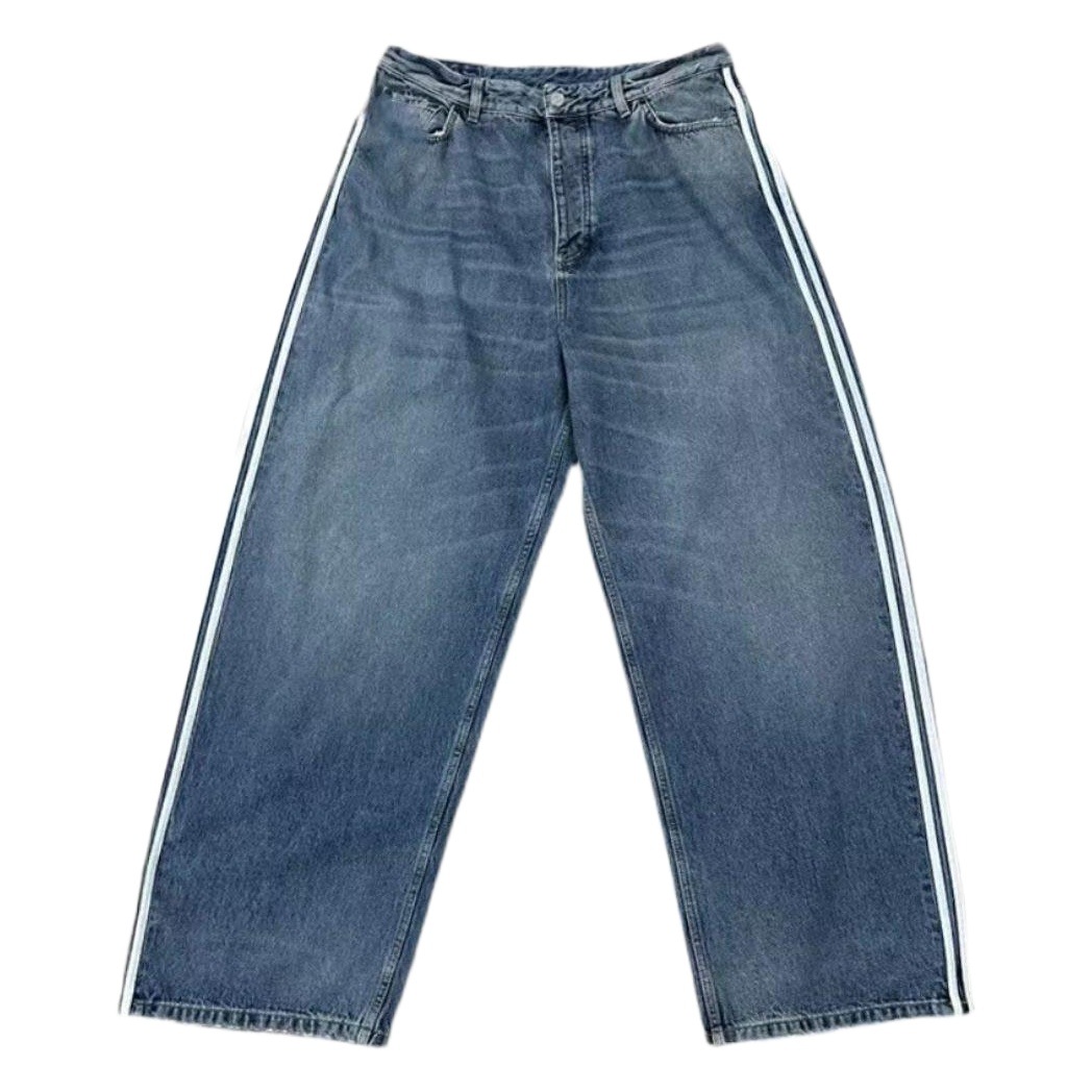 2023 primavera nuevo americano retro de tres barras de perfil lavado azul de pierna ancha jeans rectos para hombres