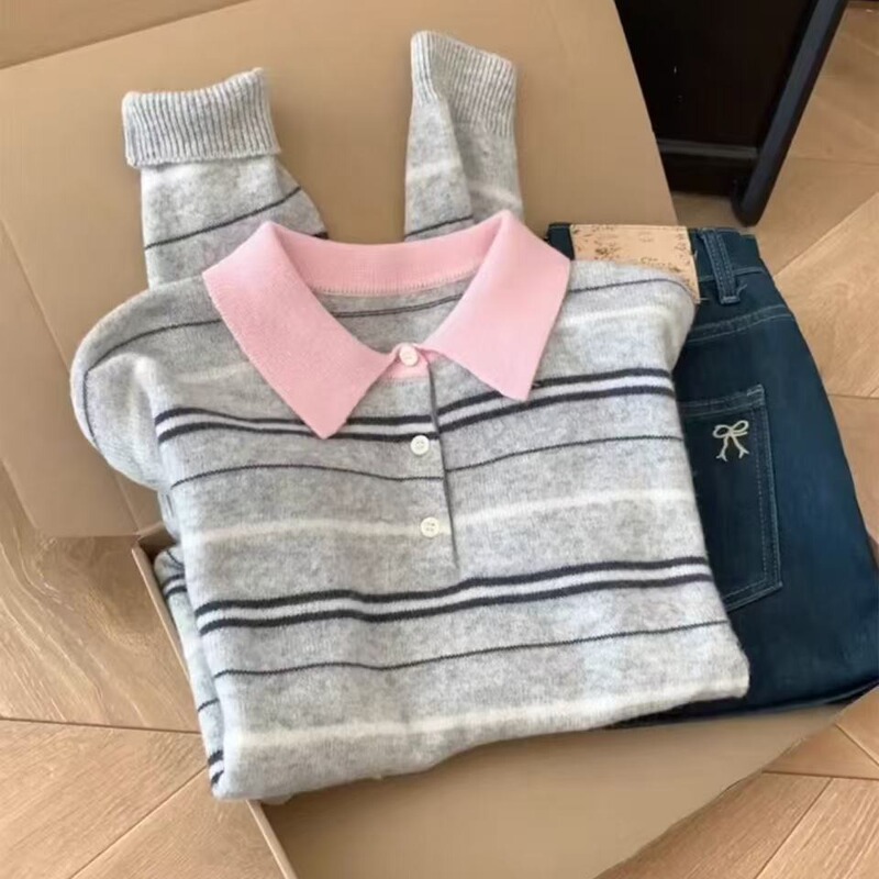 韩版条纹撞色翻领半纽扣套头毛衣女装秋季新款时尚显瘦针织衫上衣|undefined