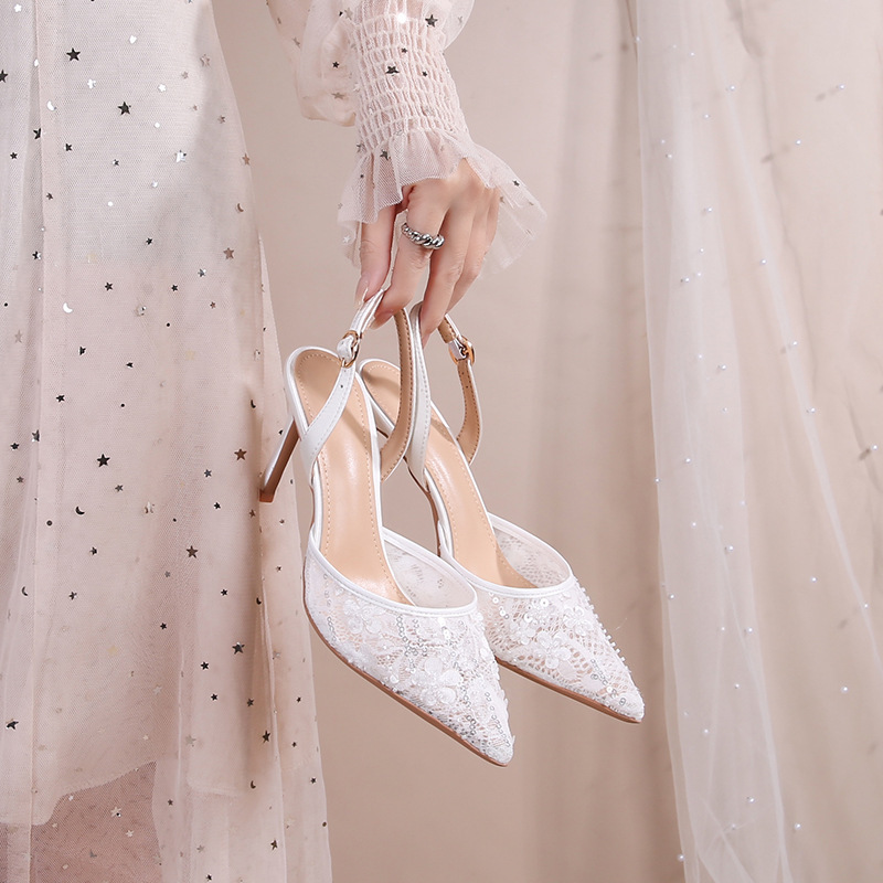 Cross-Border In-Stock Plus-Size Bridal Wedding Shoes, Pointed-Toe Backless Mesh Sandals, Heart-Shaped Petal Comfortable High-Heeled Women's Shoes
