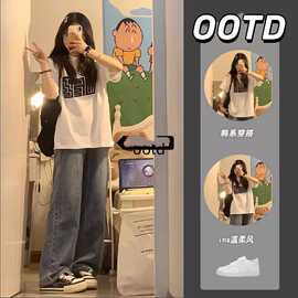 纯棉T恤上衣女学生套装潮牌宽松中大童少女孩短袖T恤＋牛仔裤套装