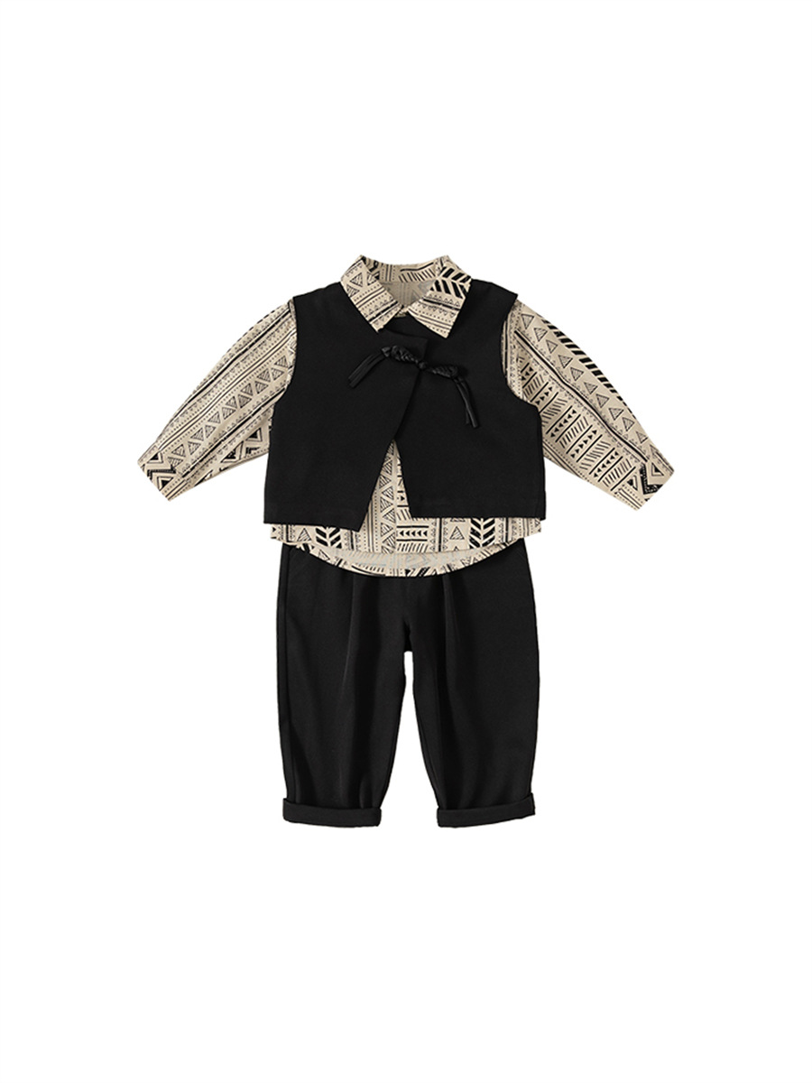 Conjunto de ropa infantil Bangxuan para niños, primavera y otoño, chaleco, camisa floral, pantalones, conjunto de tres piezas, ropa formal para niños pequeños, traje para actuaciones.