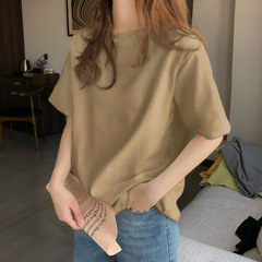 丸首のシンプルな基本モデルの肩のtシャツの女性の上着の夏の重いポンドの綿のゆったりしている百合insの潮の純色の半袖