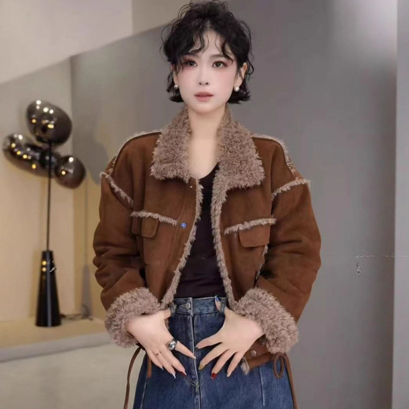 Lapel High-End Thickeneded Fur One-Piece Short Jacket for Women 2025 Autumn and Winter New Loose Slimming Look Warm Jacket Top