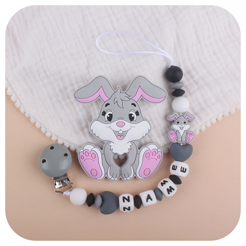 Nuevo bebé suministros chupete cadena DIY bebé nombre silicona teether conejo teether traje