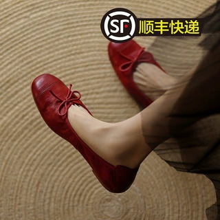 羊皮版气质单鞋女法式复古蝴蝶结蛋卷鞋平底浅口芭蕾鞋真皮奶奶鞋