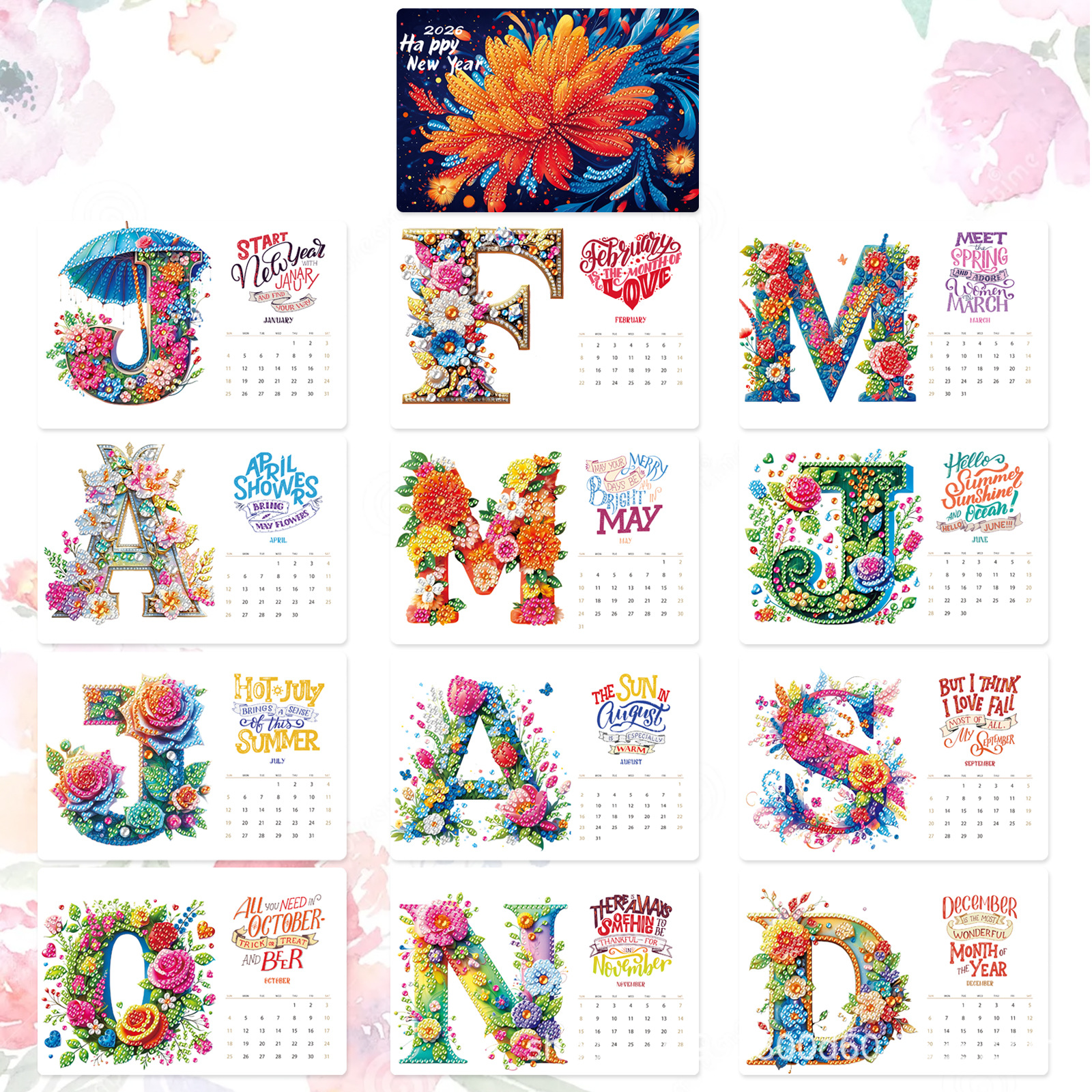 Transfronterizo para 2026 caligrafía y pintura de diamantes alrededor de pegatinas de diamantes hechas a mano 12 páginas calendario de escritorio de fábrica directa spot