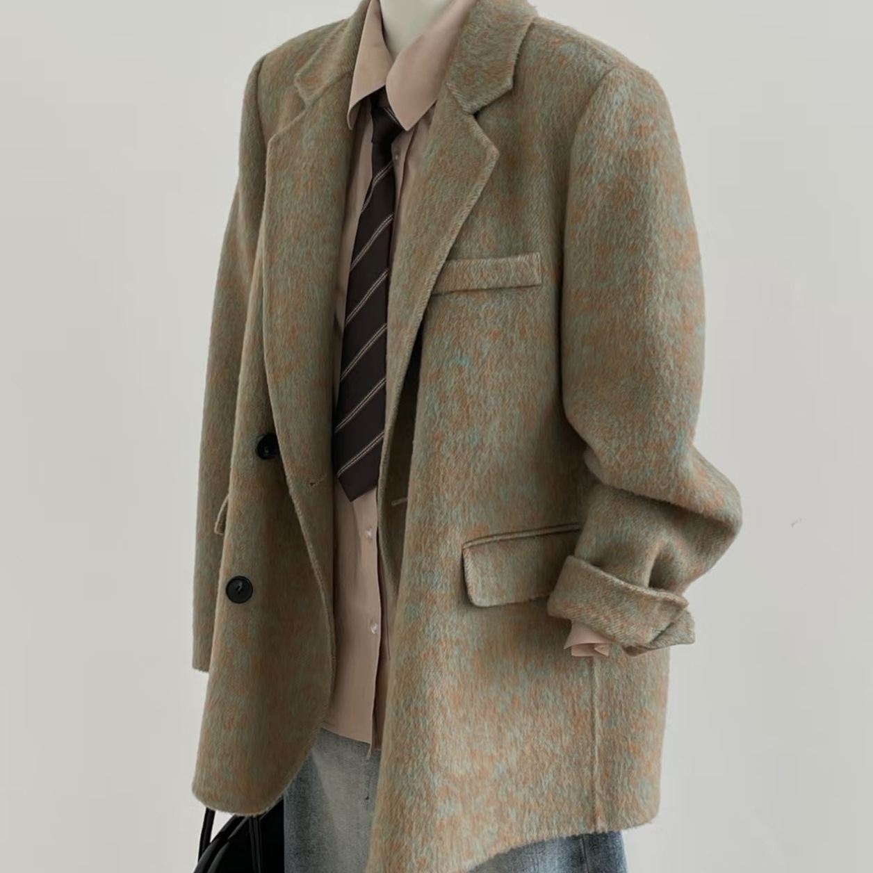 Cross-Border Double-Sided Cashmere Coat for Women, Short Woolen Suit Jacket, Moss Green Gray Sleepwear