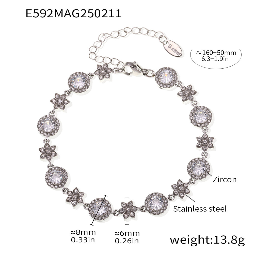 5A Zircon Six-leaf Flower Round Diamond Stainless Steel Plated 18K Gold Bracelet