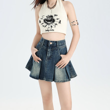 复古褶皱百搭牛仔短裙女高腰夏季上新显瘦包臀百褶个性辣妹牛仔裙