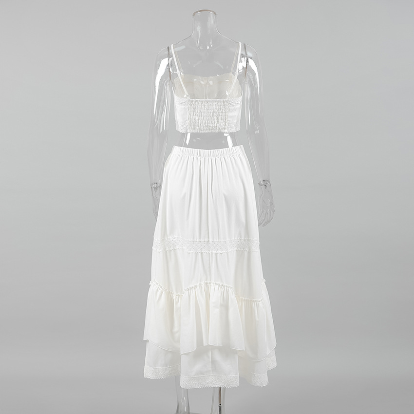 Spring Summer Sexy Design White Cotton Linen Sleeveless Square Collar Short Top Mid Waist Split Skirt Two Piece Sets