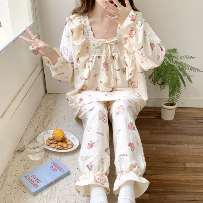 Estilo puro deseo otoño e invierno nuevo pijama de las mujeres tejido de algodón fresco manga larga ins estilo dulce encaje desgaste del hogar traje