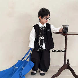 大小卷童装男童衬衫25秋男宝韩版白色字母翻领帅气衬衫带领带洋气