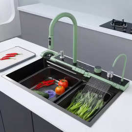不锈钢蓝鲸飞雨瀑布水槽厨房洗菜盆大单槽厚手工洗菜池洗碗槽