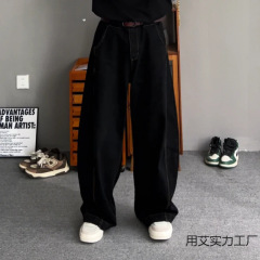 オールシーズン着られるメンズパンツ、ファッショナブルな都会的な立体裁断で肉感をカバーし、スリムに見せるトップステッチデザインのスモールソードワイドレッグジーンズ