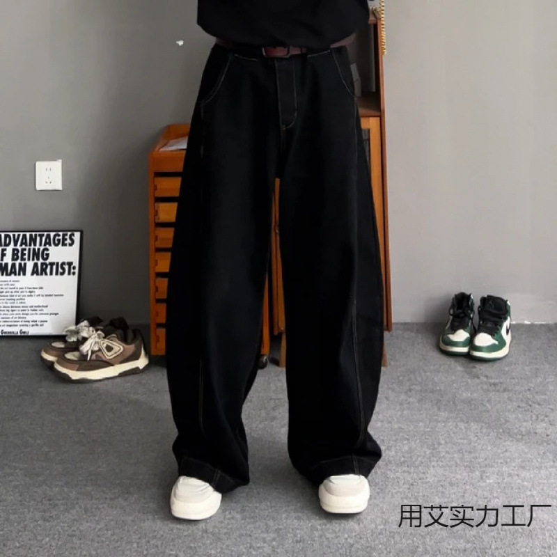 オールシーズン着られるメンズパンツ、ファッショナブルな都会的な立体裁断で肉感をカバーし、スリムに見せるトップステッチデザインのスモールソードワイドレッグジーンズ|undefined