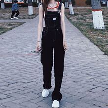 减龄气质设计感黑色牛仔背带裤女秋冬大码胖妹妹洋气吊带连体裤