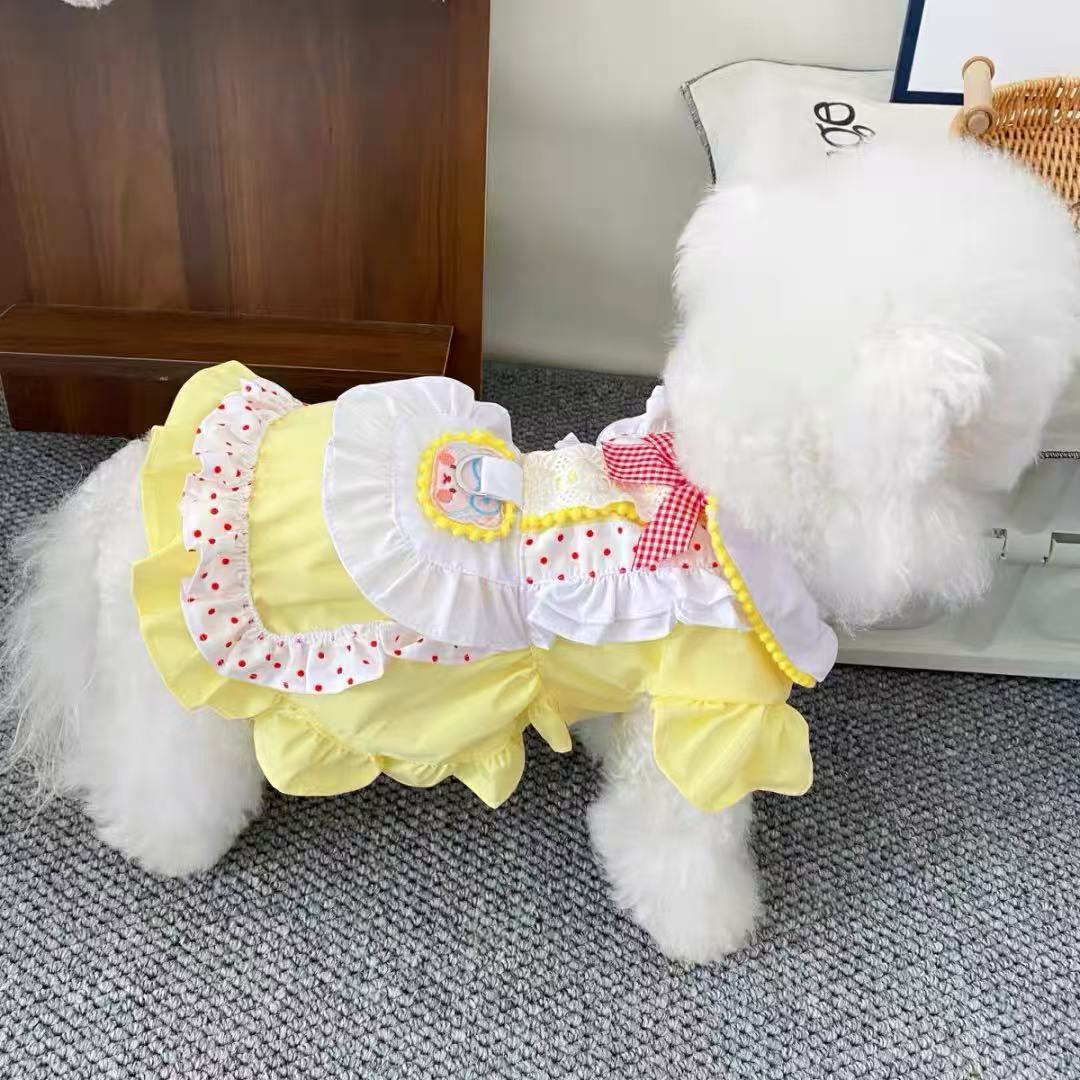 강아지 옷 봄과 여름 옷 작은 개 얇은 고양이 견인 로리타 애완 동물 빨간 점 노란 곰