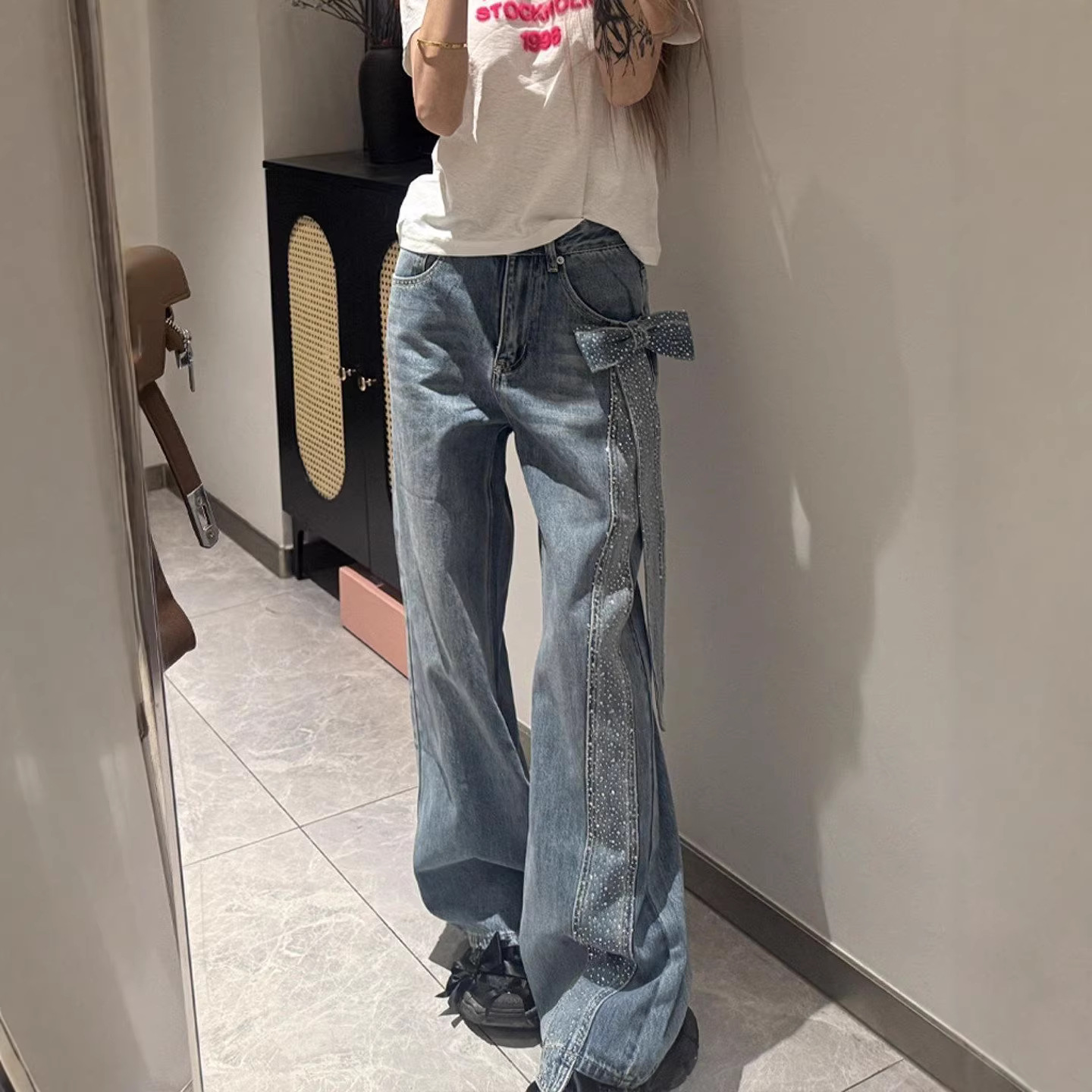 Women's Retro Style Rhinestone Bow Tie Denim Jeans Star Print Loose Fit Casual Long Pants For Spring And Autumn_voghion.com