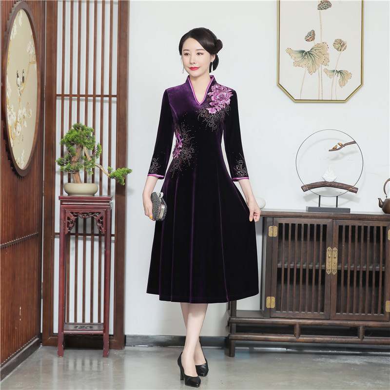 新款絲絨旗袍婚禮媽媽喜婆婆長款秋冬新款婚禮大碼寬松廠家直銷