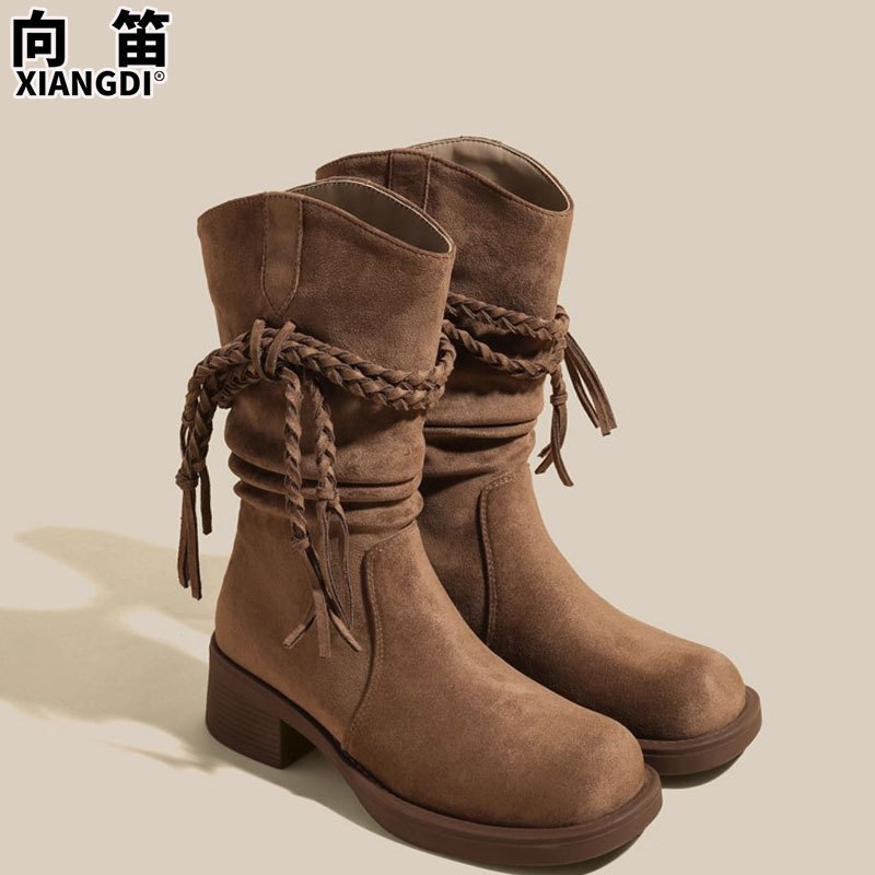 羊皮版复古流苏粗跟骑士靴女废土风西部牛仔靴不过膝长靴瘦瘦靴子|undefined