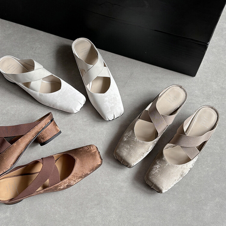New ~ Oriental aesthetics! National Style Satin Thick Heel Slippers Women's Cross-elastic Ballet Shoes