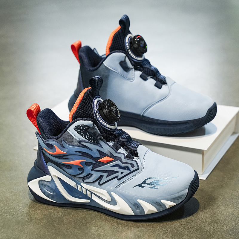 Hermosos zapatos de baloncesto de cuero para niños con botón giratorio, zapatos de correr cómodos con suela gruesa, zapatos de moda al aire libre