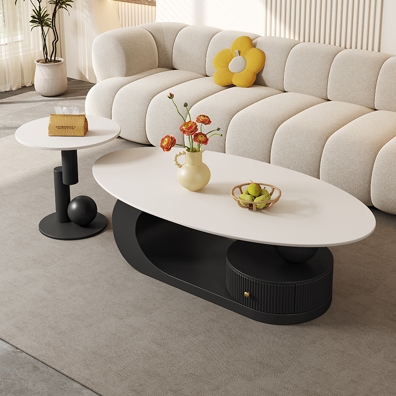 Mesa de té de tabla de roca ovalada para la sala de estar de lujo ligero doméstico moderno nuevo tipo simple de casa pequeña combinación de mesa de té de crema