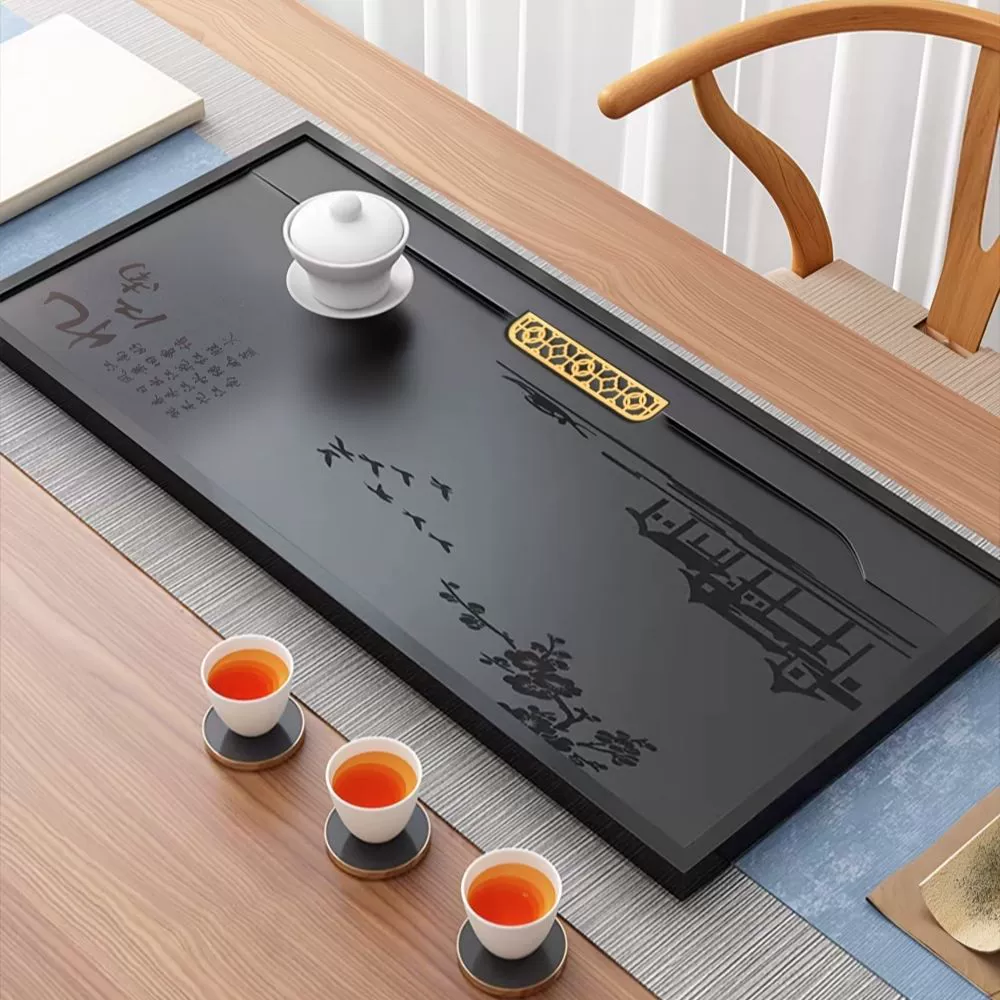 Чайный поднос из черного золотого камня, чайный столик из цельного камня из натурального камня, небольшой бытовой дренажный чайный столик с морской полировкой