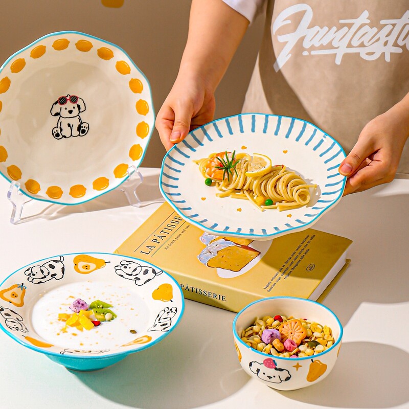 Cute Cartoon Ceramic Tableware Rice Bowl Household Bowl High-Value Soup Bowl Plate One-Person Food Bowl and Dish Set Dinner Plate