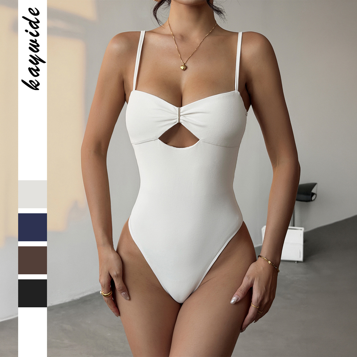 Sexy Y2K-Einteiler-Badeanzug – Hochgeschnittener Neckholder-Bikini-Body mit Mesh-Einsätzen (Schwarz, Creme, Braun, Marineblau) – Größen S bis XL_voghion.com