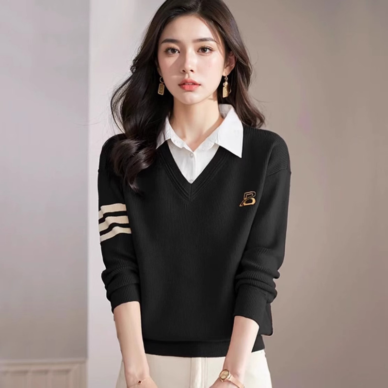 洋气假两件套上衣女秋冬款2025新款衬衫领针织打底衫休闲外穿毛衣|undefined