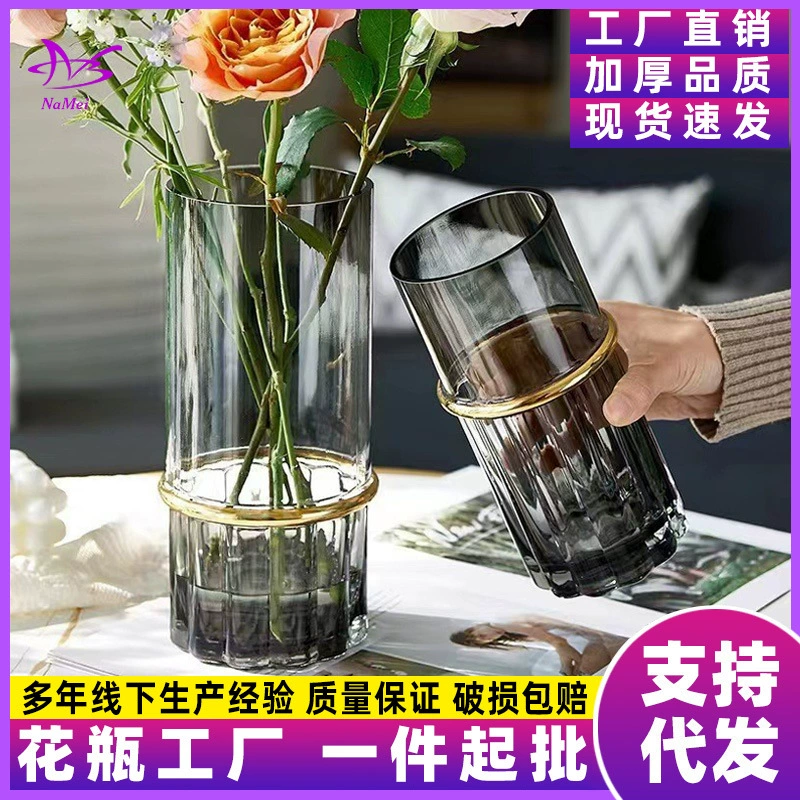 Легкая роскошь: прозрачная ваза с золотой окантовкой, стеклянный декор для воды, богатые бамбуковые цветы, украшение для стола в гостиной, высококлассный декор.