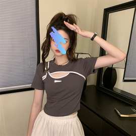 假两件短袖T恤遮肚子显瘦辣妹短款上衣设计感金属扣跨境一件代发