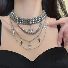 辣妹巴洛克多层项链女chocker锁骨链灰珍珠流苏十字架叠戴颈链潮