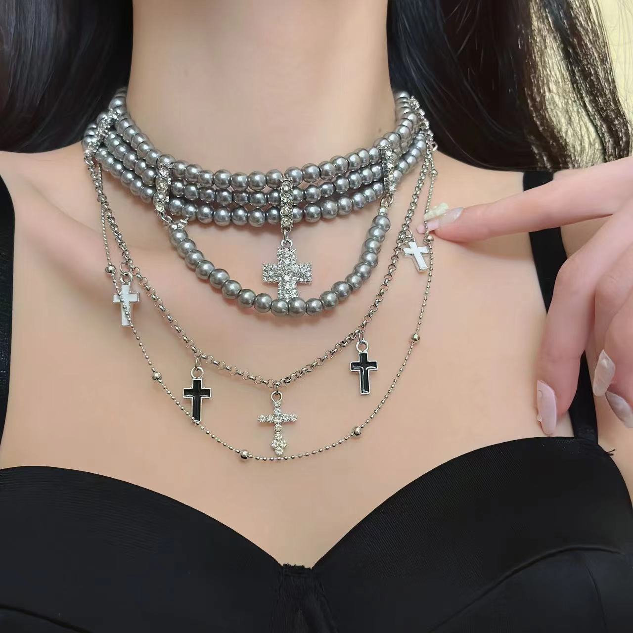 辣妹巴洛克多层项链女chocker锁骨链灰珍珠流苏十字架叠戴颈链潮