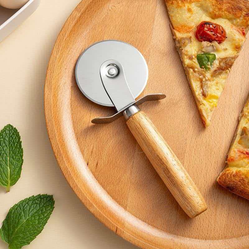 Cuchillo de pizza de acero inoxidable cuchillo de madera cuchillo de pizza cuchillo de pastel cuchillo de rodillo único cuchillo de horneado de pizza