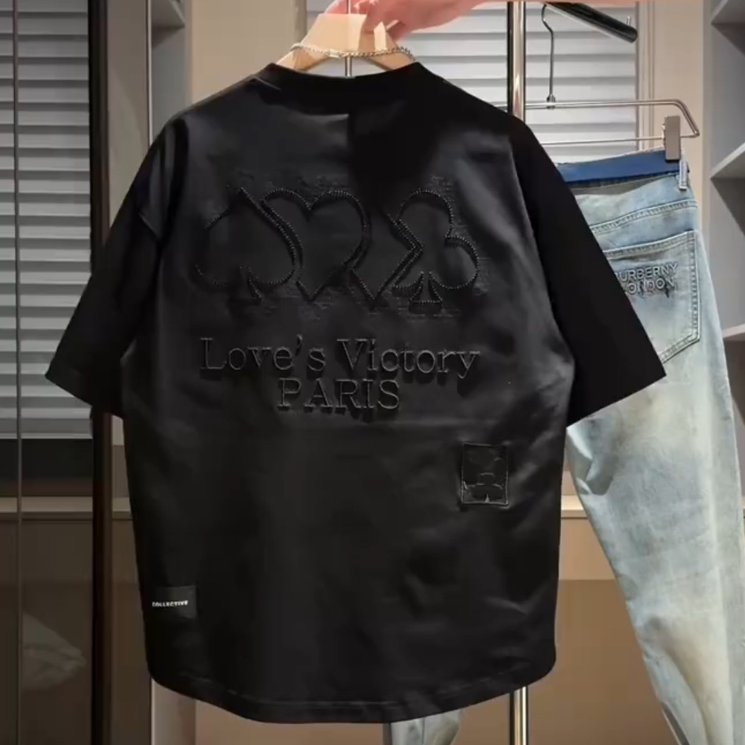 Maglietta da uomo nuova, con ricamo pesante, girocollo, manica corta, alla moda, versatile, traspirante, a coda di rondine, con fondo aderente_voghion.com