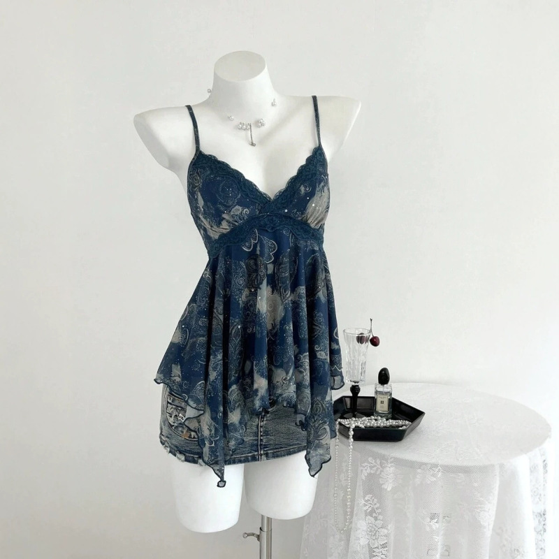 Wc8132 Cross-Border European and American Y2K Style Sleeveless Top with Asymmetrical Hem and Floral Print Cross-Strap Dress Wc8132 Cross-Border European and American Y2K Style Sleeveless Top with Asymmetrical Hem and Floral Print Cross-Strap Dress
