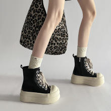 松糕厚底增高防滑单鞋女2024秋冬新款休闲百搭圆头系带保暖高帮鞋