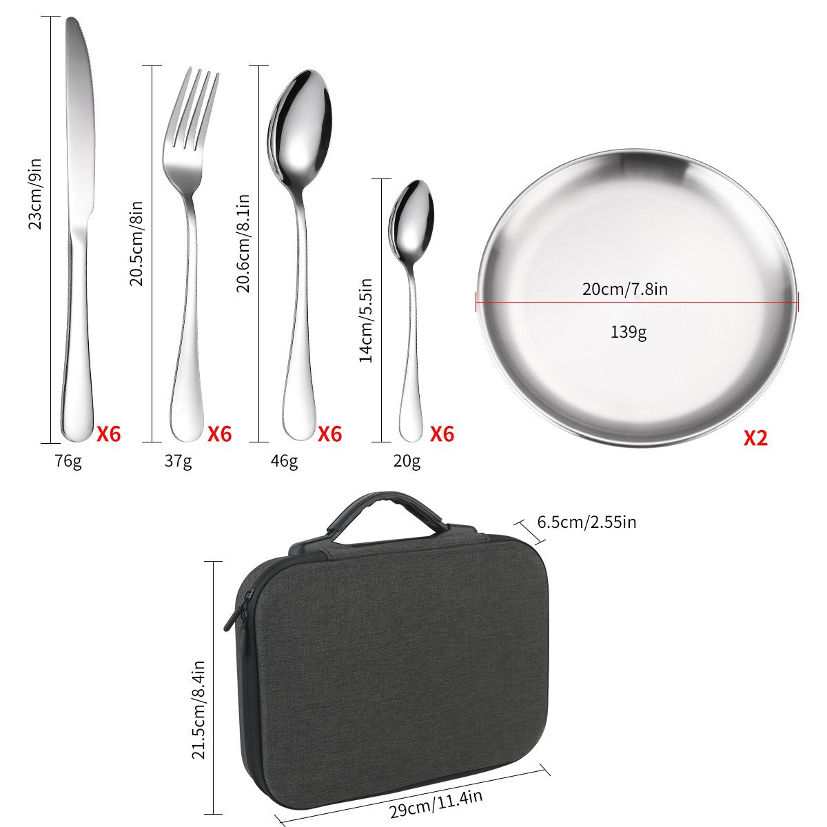 Cross-border tableware stainless steel 24-piece set outdoor camping portable handbag Western food knife, fork, spoon plate, travel tableware