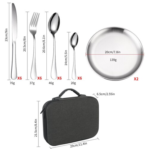 Cross-border tableware stainless steel 24-piece set outdoor camping portable handbag Western food knife, fork, spoon plate, travel tableware